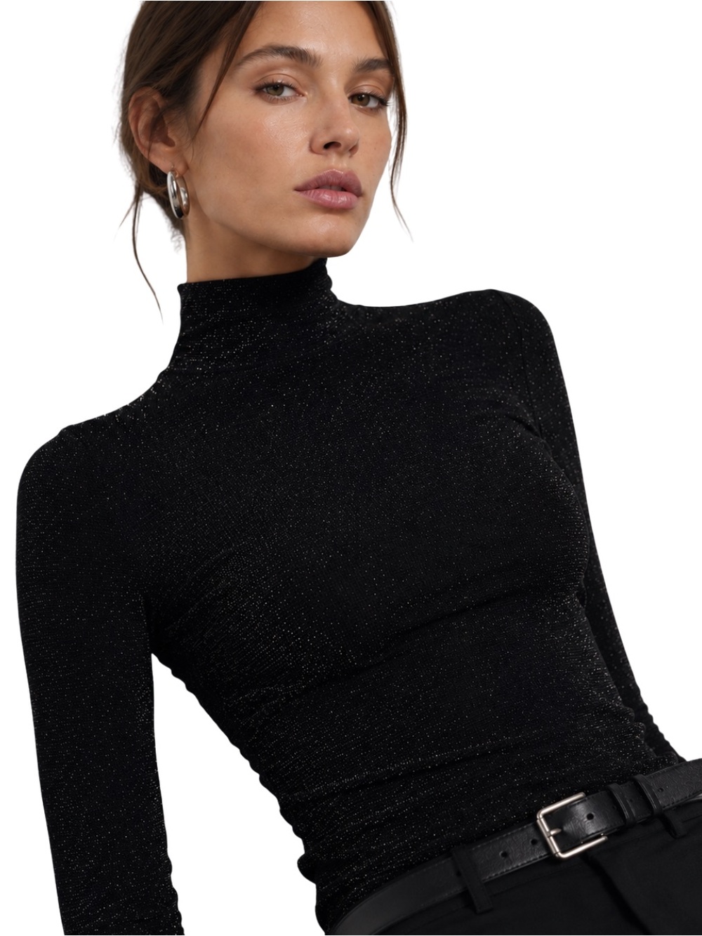 Mango NYE Holiday Black Sparkly Shiny Metallic Xmary Turtleneck Top Size M
